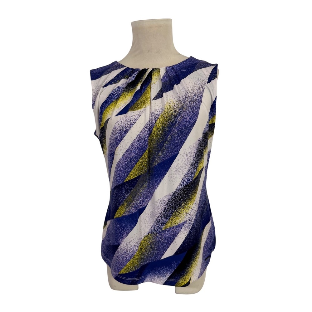 Calvin Klein Women's Large Purple White Yellow Abstract Geometric Pleated Top